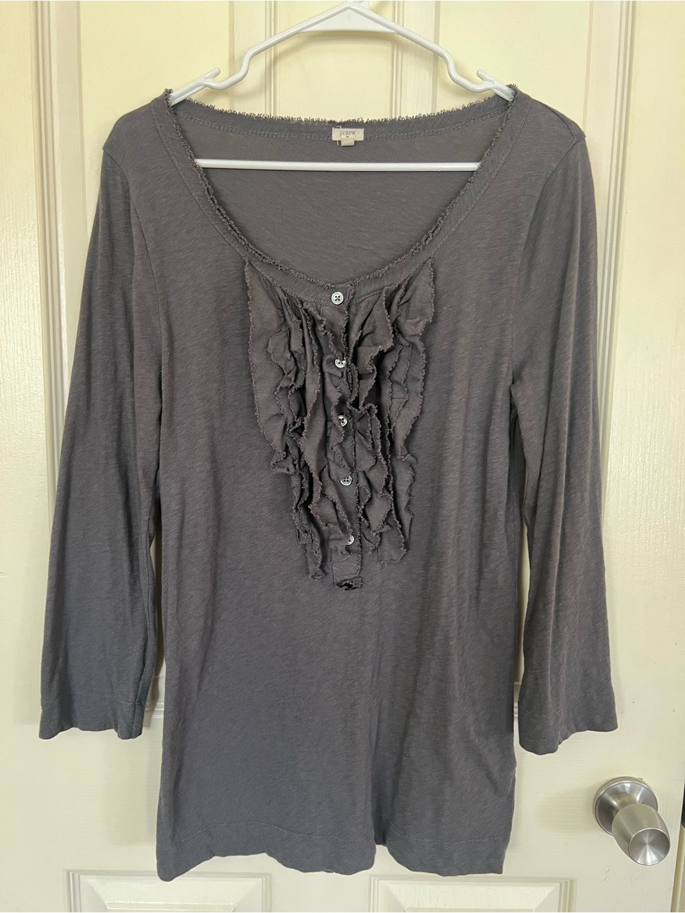 J.Crew Charcoal Gray Ruffle Front Cotton Top Size L
